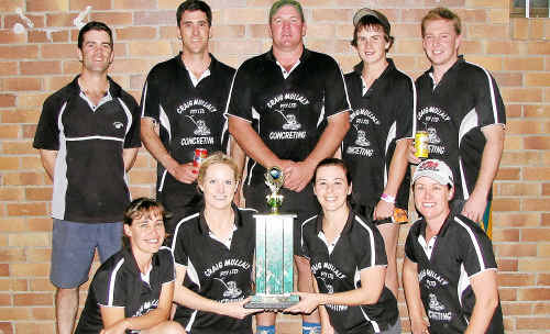 A-grade winners Can’t Touch Its after the final. (Back, from left) Maughan Benn, Adam Byrne, Rod Hansen, Tye Gardner, Jimmy Cochrane; (front) Amanda Cox, Bec Hitzke, Michelle Hoffman, Angela Lynch. A-grade winners Can’t Touch Its after the final. (Back, from left) Maughan Benn, Adam Byrne, Rod Hansen, Tye Gardner, Jimmy Cochrane; (front) Amanda Cox, Bec Hitzke, Michelle Hoffman, Angela Lynch.